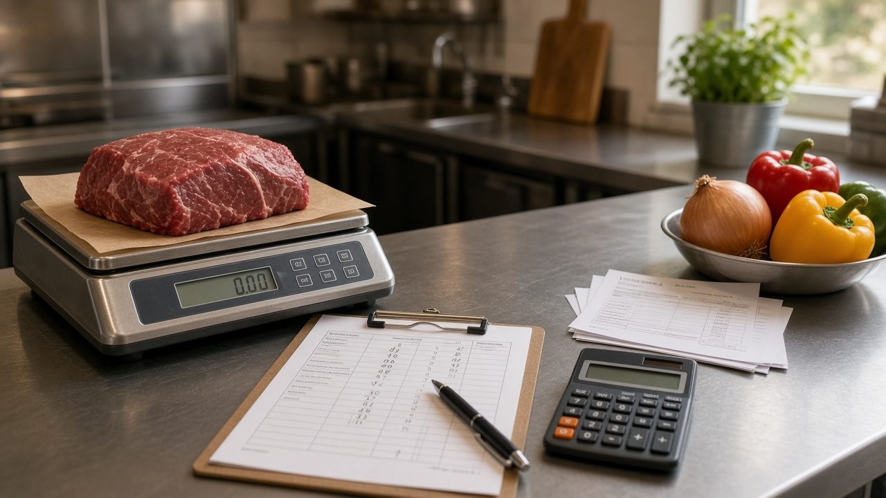 Cântar de bucătărie cu o bucată de carne, fișă de calcul pe clipboard, facturi și calculator pe blatul de lucru. Imagine generată de AI.