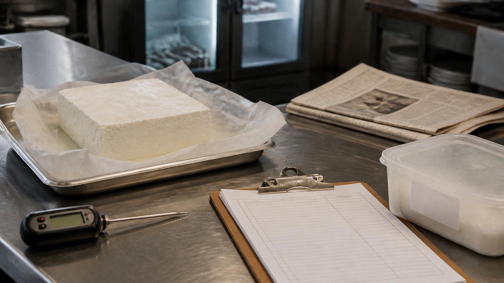 Blat de recepție din inox într-o bucătărie profesională, cu o bucată de telemea pe tavă, termometru cu sondă, clipboard și ziar. Imagine generată cu AI.