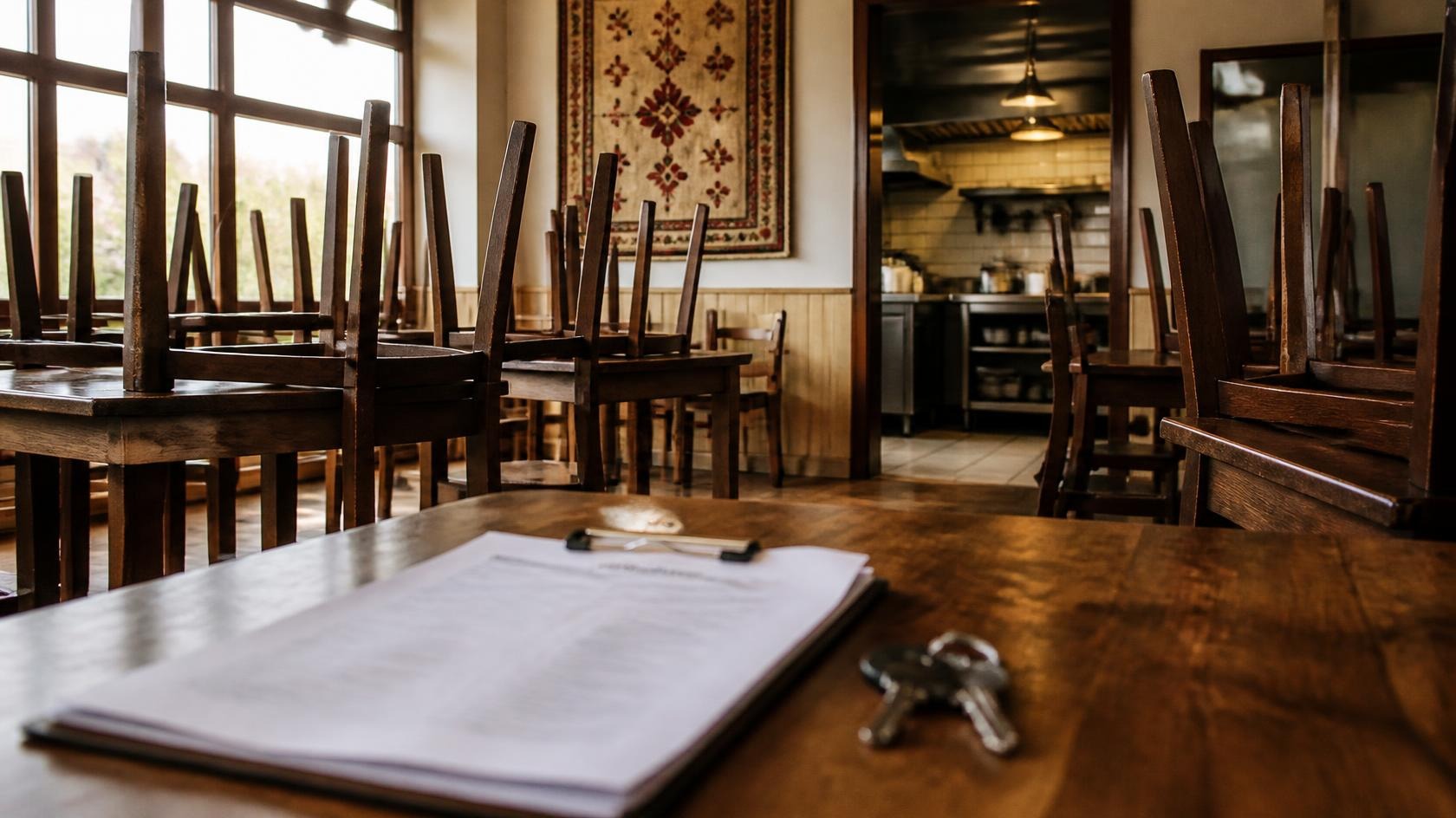 Sala unui restaurant gol înainte de deschidere, cu mese și scaune, lumină de dimineață.