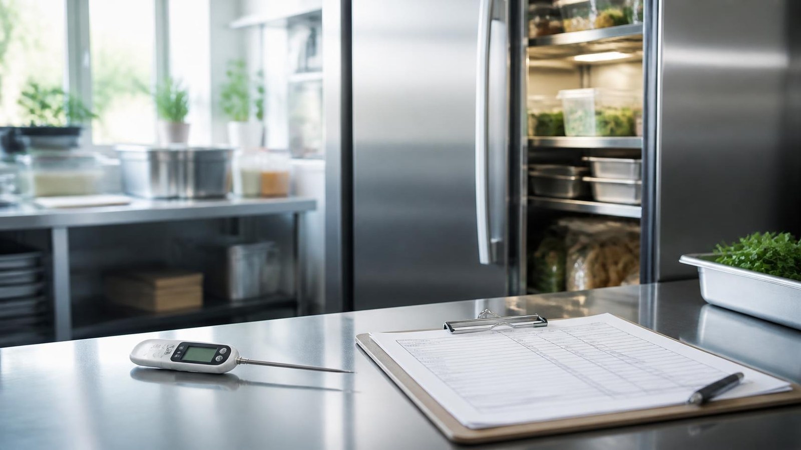 Termometru digital și frigider profesional din oțel inox într-o bucătărie de restaurant, foaie de înregistrare pe blat. Imagine generată de AI.